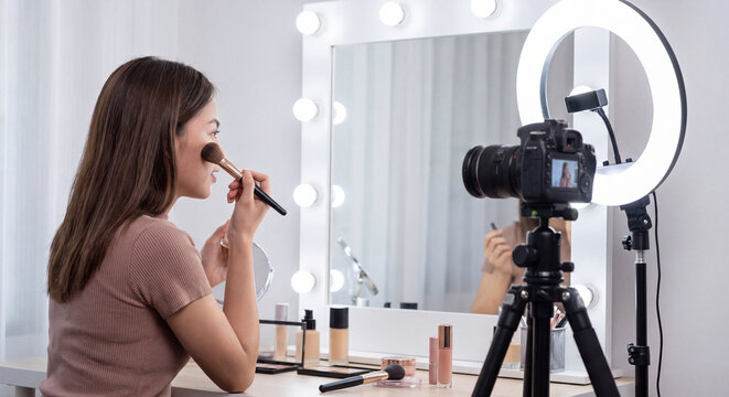 A young female beauty influencer applies powder to her cheek with a cosmetic brush while sitting in front of an illuminated ring light and a recording smartphone camera