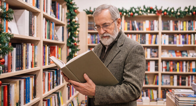 A mature gentleman with gray hair and glasses holds and reads a hardcover book with focused interest standing between shelves in a quiet bookstore