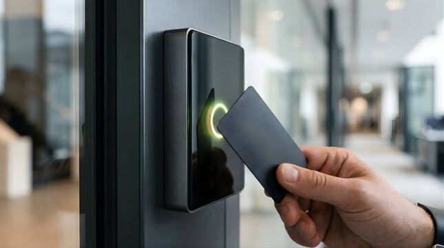 Person Using Key Card to Unlock Secure Office Door Electronic Reader