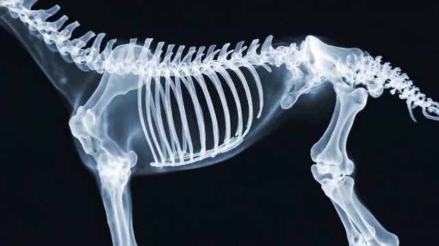 A detailed medical x-ray image of a curved animal spine bone