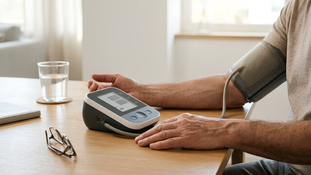 Man measures his blood pressure at home using an automatic digital tonometer on a wooden table.