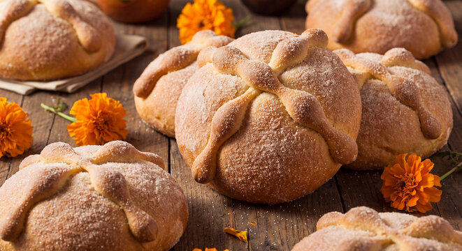 Golden baked traditional Mexican Pan de Muerto sweet buns topped with sugar and crossbone shapes resting beside orange marigolds for Day of the Dead altar