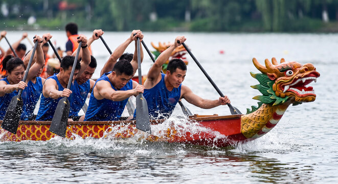 Team of rowers in uniform paddling energetically together in traditional ornate dragon boat during water racing competition on scenic lake