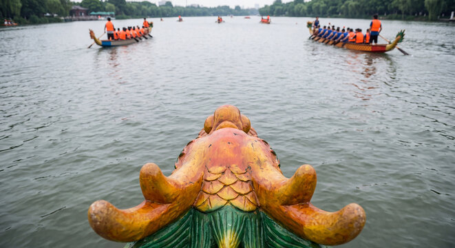 Wide view of multiple racing dragon boats on open water seen from dock behind ornate golden dragon head decoration during festival regatta