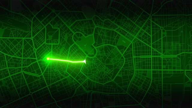 Green Neon GPS Navigation Route Animation on Milan City Map, Italy