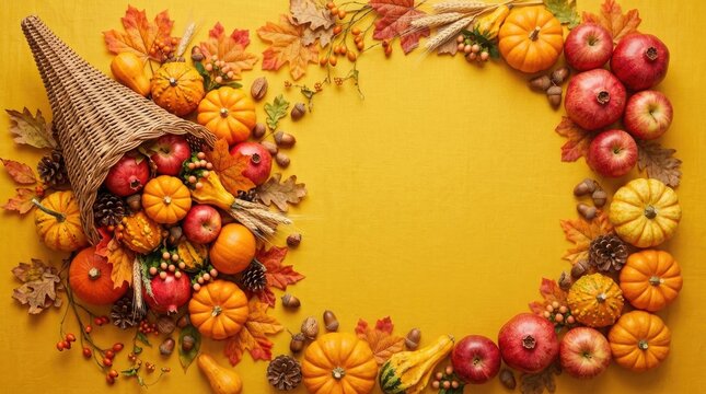 A festive thanksgiving cornucopia overflowing with colorful autumn harvest vegetables and fall foliage on a bright yellow background surface