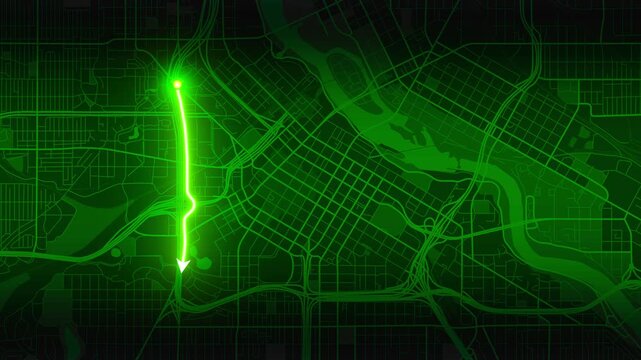 Green Neon GPS Navigation Route Animation on Minneapolis City Map, Minnesota USA
