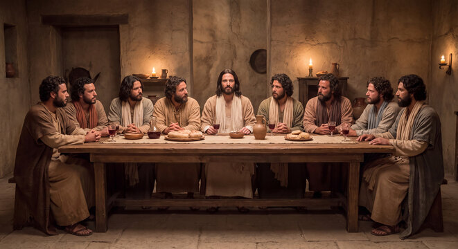 A depiction of the biblical Last Supper showing Jesus Christ seated with twelve disciples gathered around a rustic wooden table indoors