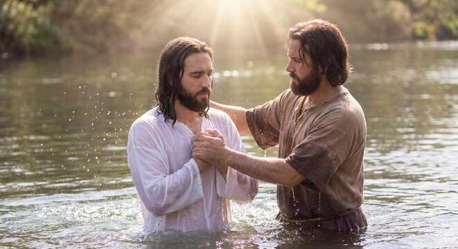 Biblical scene depicting Jesus Christ standing in flowing river water receiving holy baptism from John the Baptist in peaceful natural landscape under sunlight