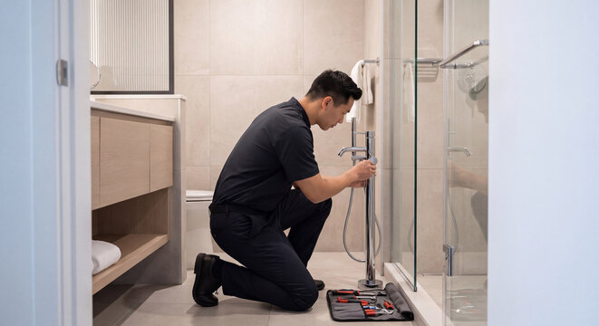 A male plumber wearing a black uniform kneels inside a glass shower enclosure while assembling and installing chrome plumbing fixtures with tools