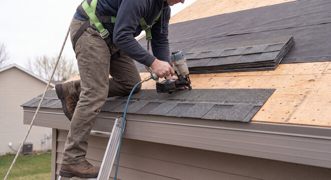 Professional roofing technician kneeling on roof deck fastening new asphalt shingles with a pneumatic roofing nailer