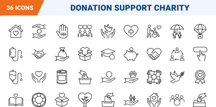 Charity line icon set. Vector pictograms of donation, non-profit, volunteer, and support elements, thin linear illustration.