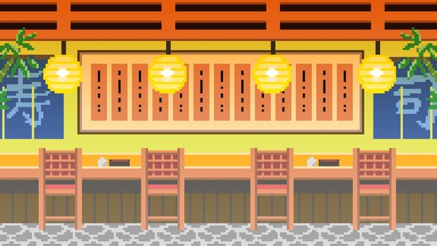 Pixel art interior of a traditional Japanese sushi restaurant counter