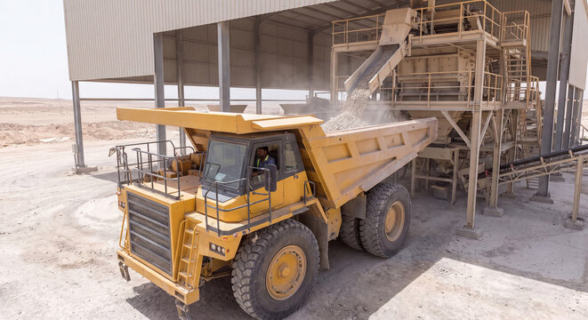 A large yellow off highway haul truck receives crushed rock material from a hopper at a processing quarry plant under dusty conditions.