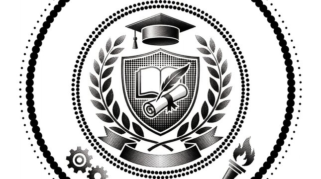 Academic crest in black halftone pattern with graduation cap laurel wreath and shield.