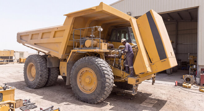A massive yellow mining haul truck stands stationary on gravel soil next to an excavation zone under a clear sunny sky at an open pit mine.