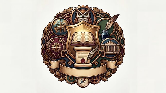 Classic gold academic emblem with owl shield open book scroll and keys for education.