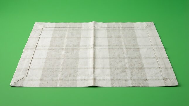 A beige linen placemat with a subtle checkered pattern on green background