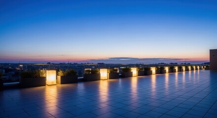 Naklejka premium Rooftop Terrace Ambiance With Cityscape Dusk Illumination And Modern Lighting