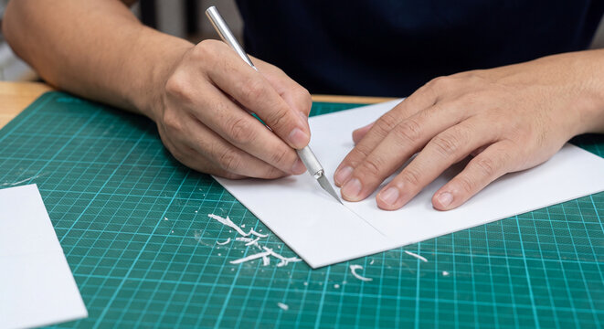 Close up overhead view of hands using a sharp pencil and drafting ruler to draw precise architectural technical plans on paper at green cutting mat
