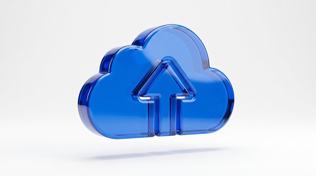 Shiny blue glass cloud icon with an upward arrow symbol representing data upload and cloud computing technology
