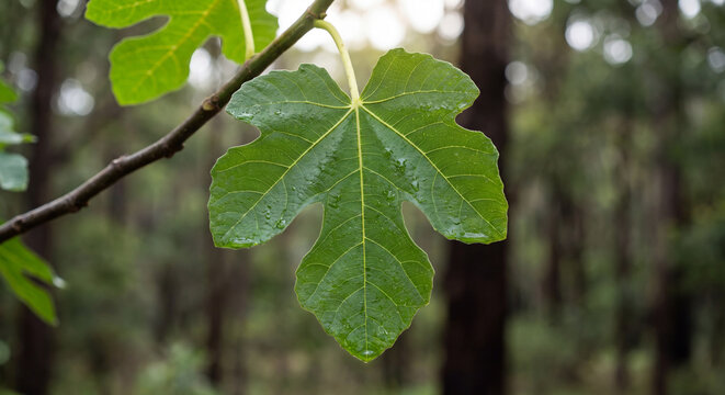 Vibrant green fig tree leaves hang gracefully from a branch against a blurred natural woodland background in soft daylight presenting a calm botanical scene.