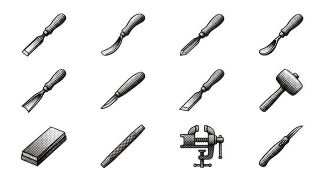 Detailed engraving of woodcarving chisels and clamps for professional cabinetry workshops.