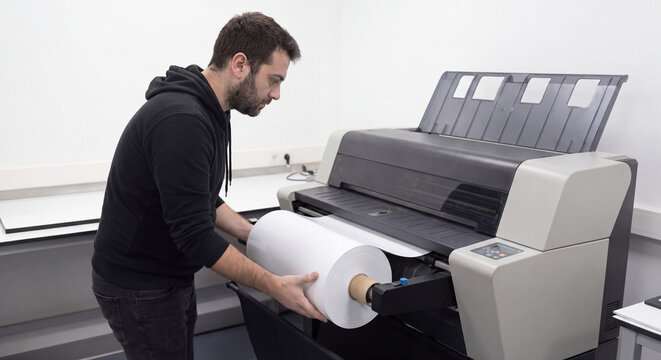 A male printing specialist carefully installs a heavy white paper roll into an industrial large format inkjet plotter in a print shop