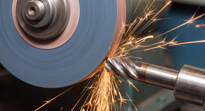 Bright orange sparks spray out as the fluted cutting edge of a carbide end mill is sharpened against a high-speed rotating abrasive wheel