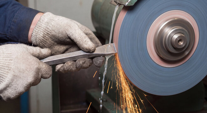 Gloved hands of a metalworker firmly press a steel cutting tool against a rotating grinding wheel producing vibrant glowing sparks