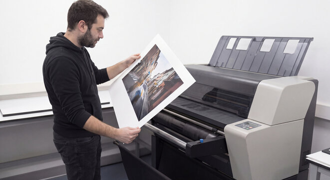 A skilled printmaker pulls and reviews a newly printed color photograph coming directly out of a professional large format inkjet printer