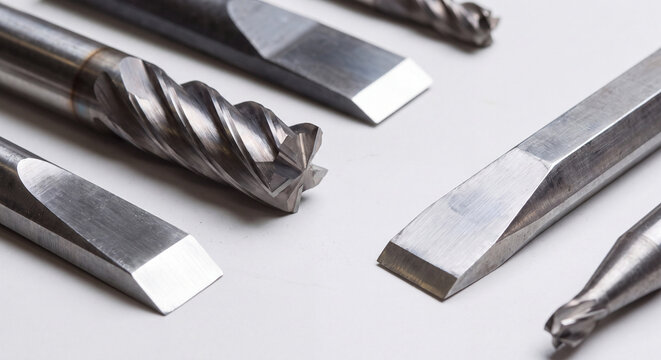 A close macro view of shiny industrial carbide drill bits and end mills arranged neatly on a metallic surface in a machining workshop