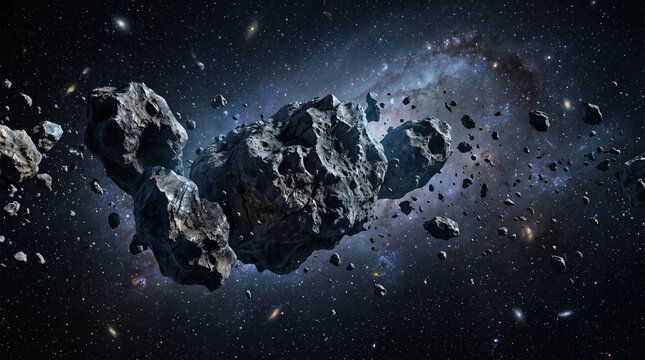 Asteroids drift in deep space against a backdrop of stars and nebulae, representing cosmic exploration and the vastness of the universe