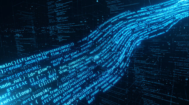 Abstract digital code streams in neon blue against a dark, complex data background, symbolizing technology, data flow, and programming
