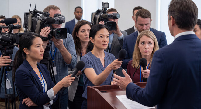 A crowd of eager press reporters and media journalists holding out microphones and recording devices to question a businessman or official at a crowded press conference event.