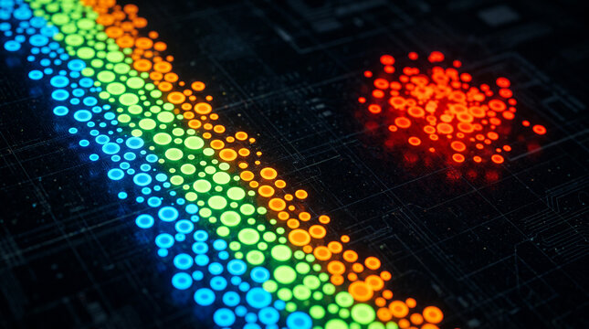 Glowing circles in a rainbow gradient on a dark, circuit-like background, symbolizing data flow, technology, and digital connections
