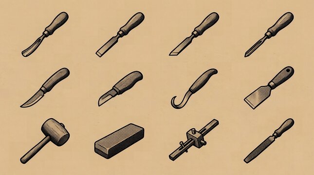 Woodcarving hand tools set with chisels gouges and mallet on textured paper backdrop.