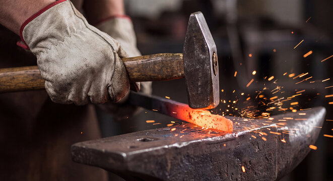 Blacksmith hammering red hot steel rod on heavy iron anvil with glowing sparks flying in traditional metal forging workshop atmosphere