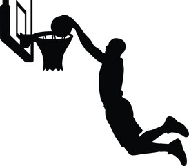 Silhouette of Basketball Player Jumping Toward Hoop Performing Slam Dunk Vector Illustration © Chandra 