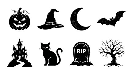 Fototapeta premium Halloween Icon Set with Pumpkin Witch Hat Moon Bat Haunted House Cat Tombstone and Tree 