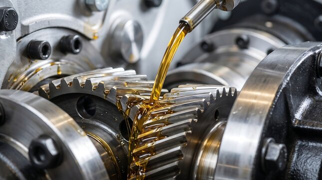 Industrial machine gears being lubricated with golden engine oil close up for heavy duty mechanical maintenance work.
