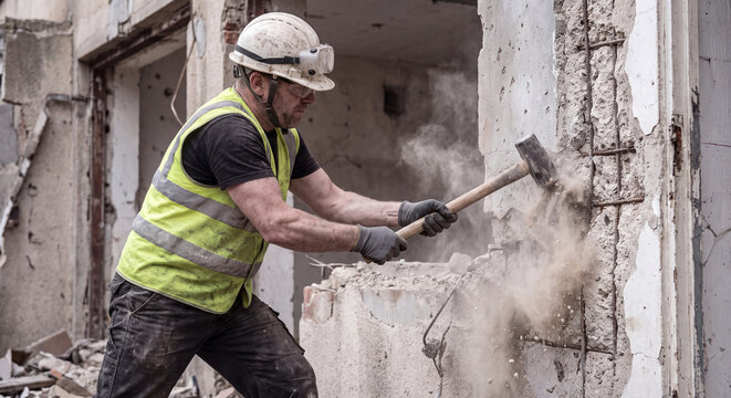 Male demolition laborer in protective hard hat swinging a sledgehammer against a weathered concrete wall in a renovation site