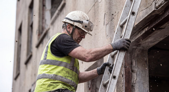 Side view of a builder wearing protective equipment and yellow high visibility vest while climbing an aluminum extension ladder