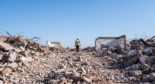 Wide angle shot showing an expansive field of destroyed building rubble with a lone distant laborer inspecting the demolition area