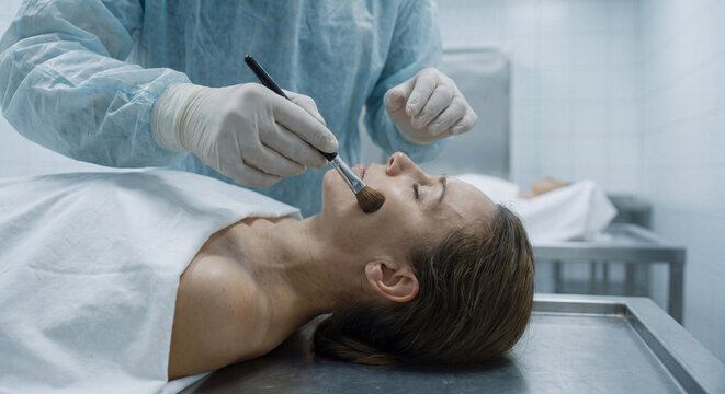 A skilled undertaker applies cosmetic makeup with a brush to the peaceful face of a deceased woman preparing her for viewing in a professional mortuary room.