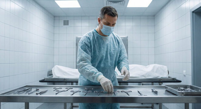 A male mortician wearing a protective face mask and gloves stands behind an arranged tray of stainless steel mortuary instruments in a sterile autopsy chamber.