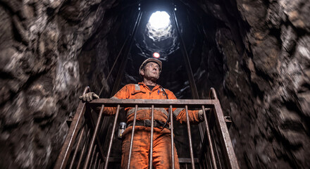 Fototapeta premium Low angle view of a miner in protective gear looking upwards through the metal bars of a hoist elevator inside a rocky underground mine shaft