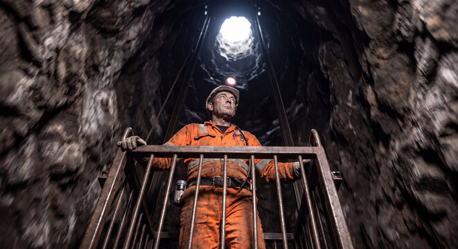 Low angle view of a miner in protective gear looking upwards through the metal bars of a hoist elevator inside a rocky underground mine shaft