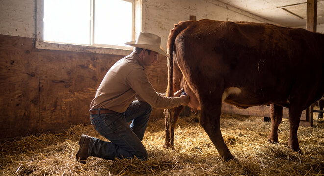 Male farmer wearing a hat kneels beside a dairy cow inside a rustic wooden barn while performing routine livestock care and milking tasks during daylight