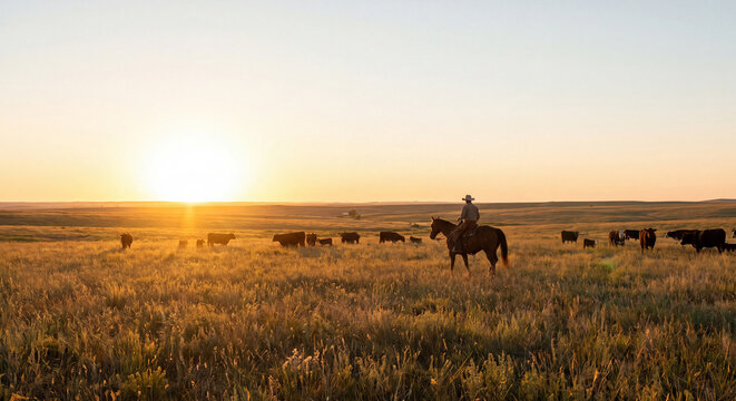 Lone cowboy riding a horse through expansive green grassy pasture while herding cattle across the prairie during golden morning sunrise